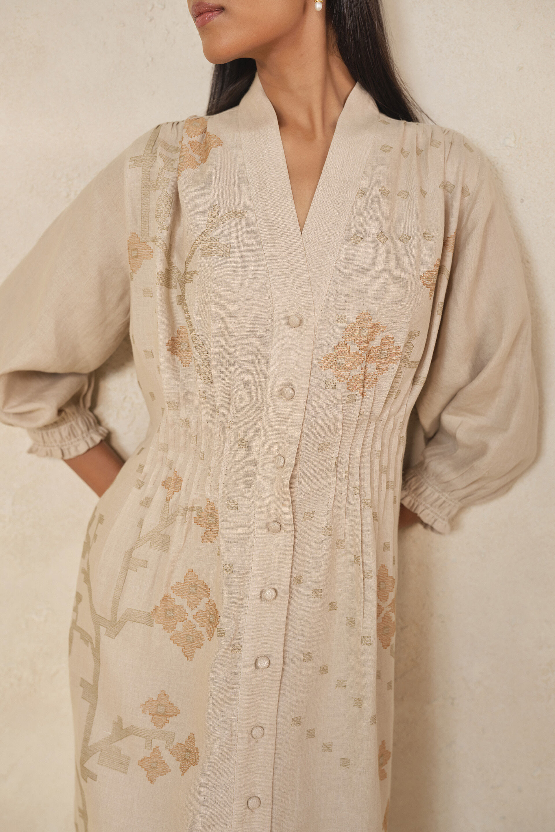 Haiku Embroidered Hemp Dress - Beige, Beige, image 4